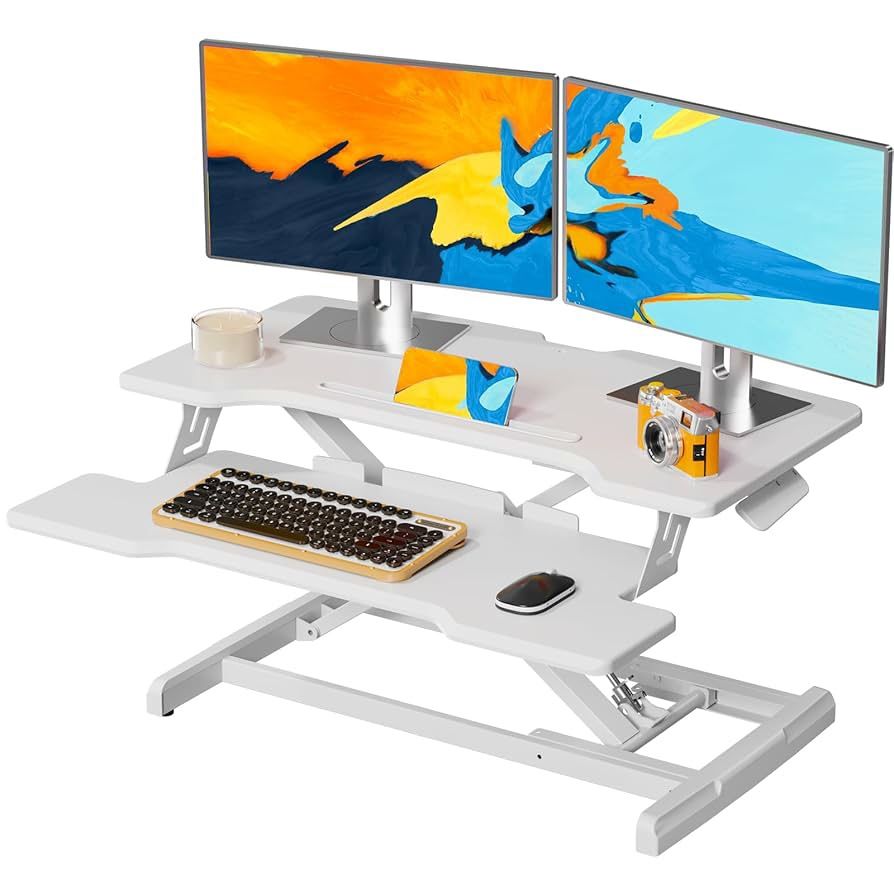 35" Standing Desk Converter, Height Adjustable Desktop Riser with Keyboard Tray for Two Monitors, Sit to Stand up Computer Workstation for Home Office