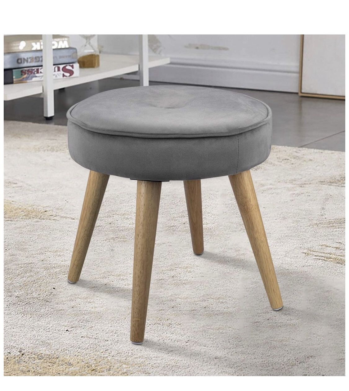 Ottoman Stool Velvet Side Table Seat, Makeup Dressing Stool with Wooden Legs for Living Room, Bedroom, Small Space Room, Office (Grey)