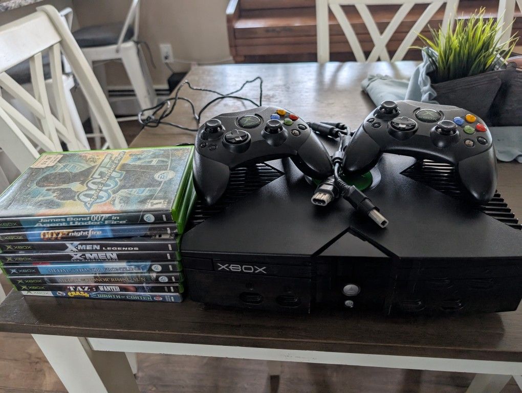 Original Xbox Console 2 Original Controllers And 8 Games