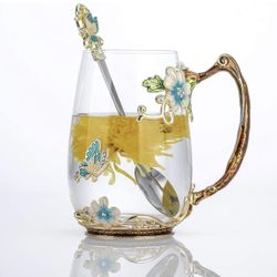 Butterfly flower Glass Mug with Spoon