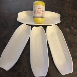 4 Corn On The Cob Dishes And Butter Holder