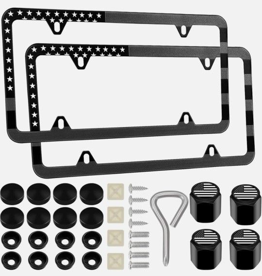 2 American Flag License Plate Frame, Aluminum Alloy Matte Black with tire valve caps