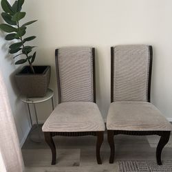 Set of 2 Upholstered Accent / Dining Chairs – Neutral Fabric + Dark Wood