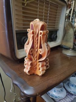 Vintage MCM Hand Carved Decorative Pillar Was Candle Multi Layered Ribbon & Scroll Work
