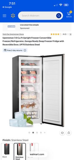 Upstreman 7.0 Cu.Ft Upright Freezer Convertible Freezer/Refrigerator, Garage Ready Deep Freezer Fridge with Reversible Door, UP70 Stainless Steel