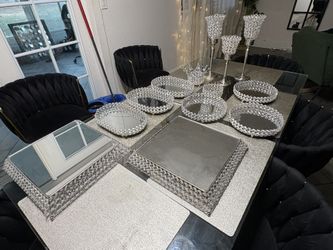 ✨ Elegant Crystal-Accented Mirror Décor Set – 13-Piece Luxury Tableware & Home Accent Collection ✨