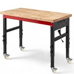 48" Heavy Duty Workbench, 2500 LBS Load Capacity Work Bench with 1.2" Laminated Oak Wood Top & Reinforced Steel Frame, Adjustable Height Work Table fo