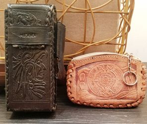 ×2 Made in Mexico Handmade/Tooled Genuine Leather Zip Up Pouch & Cigarette/Lighter Holder