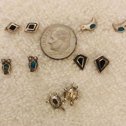 5 Small Sterling Silver Pairs Of Pierced Earrings-Turquoise-Black Onyx-I Don’t Clean My Silver-As Is-Posts May Be Bent But All Functional  