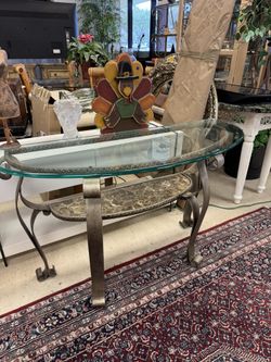 Vintage -style wrought iron console table with a glass top and a marble shelf - 52” x 20” 