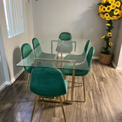 Emerald Green Gold Velvet Glass Dining Set 