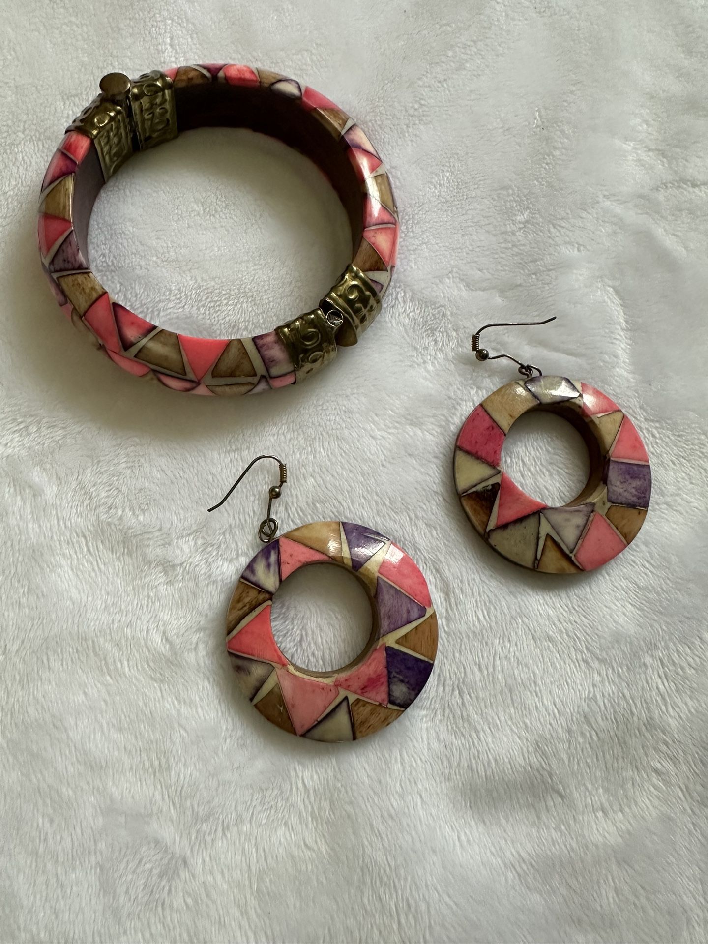 Vintage Wooden Brass Pin Inlaid bracelet and earrings