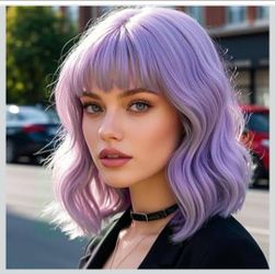 Purple Short Bob Wavy Wig with Bangs for women (14 Inch) Soft and No tangle, Heat resistant fiber under 248℉,Shoulder Length Wigs for Halloween,Cospla