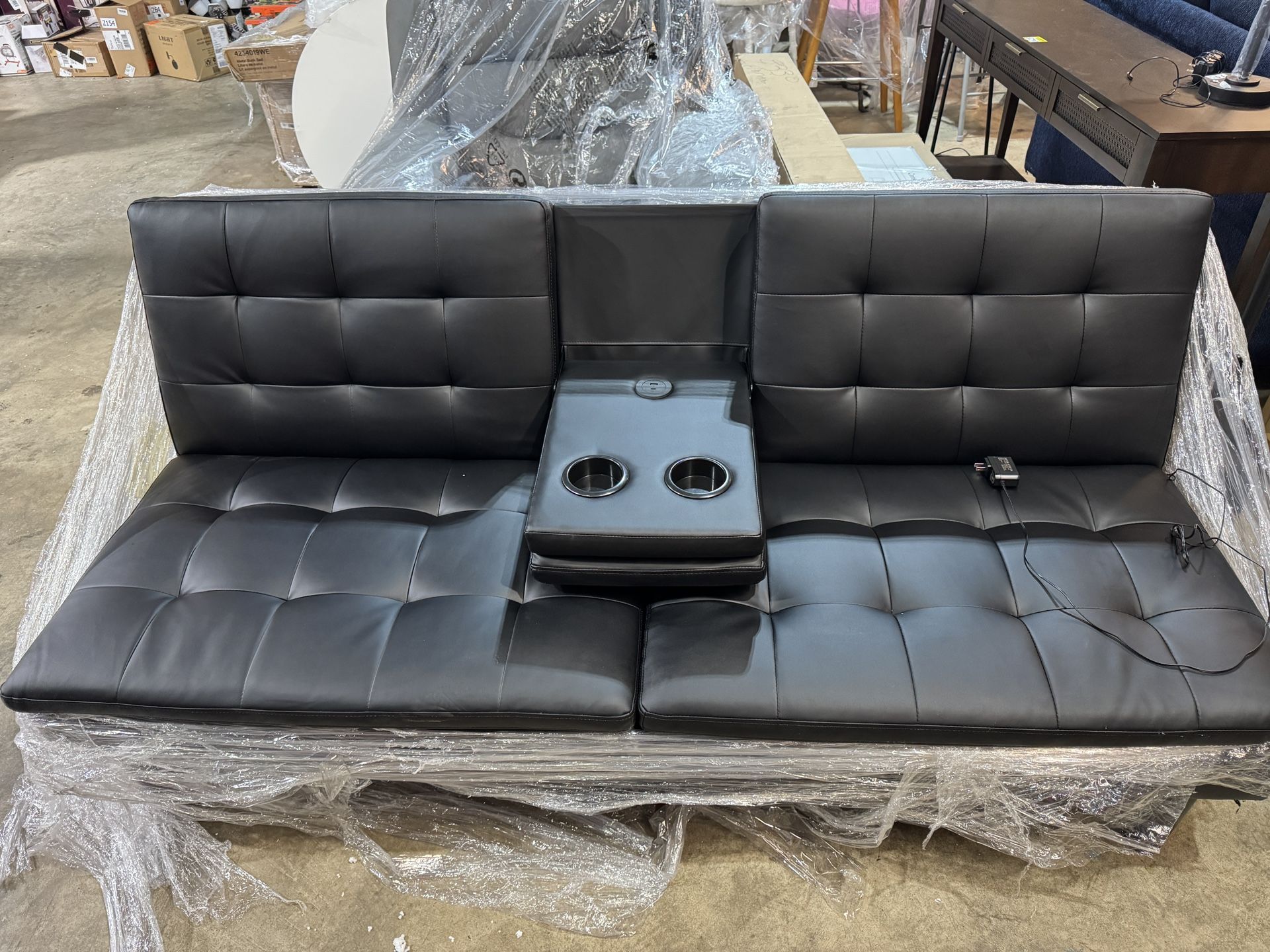 Mainstays Memory Foam Futon with Cupholder and USB, Black Faux Leather