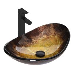 Bathroom Boat Shape Artistic Glass Vessel Sink, Gold Black Faucet and Pop-up Drain Set
