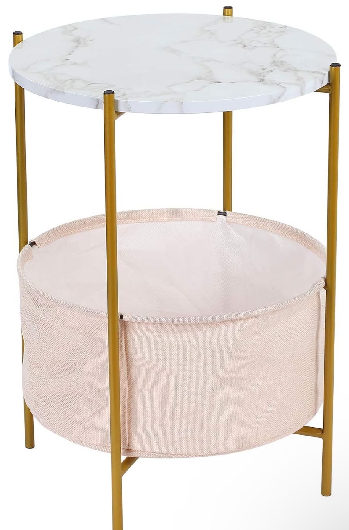 Round Storage Side Table, 2-Tier End Table with Fabric Basket Gold Metal Frame, 16'' Faux Marble Top Nightstand Bedside Tables for Nursery Kids Living