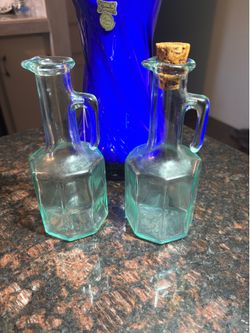 Pair Of Vintage Italian Mod Dep Aqua Glass Oil & Vinegar Cruets/Decanters W/Cork
