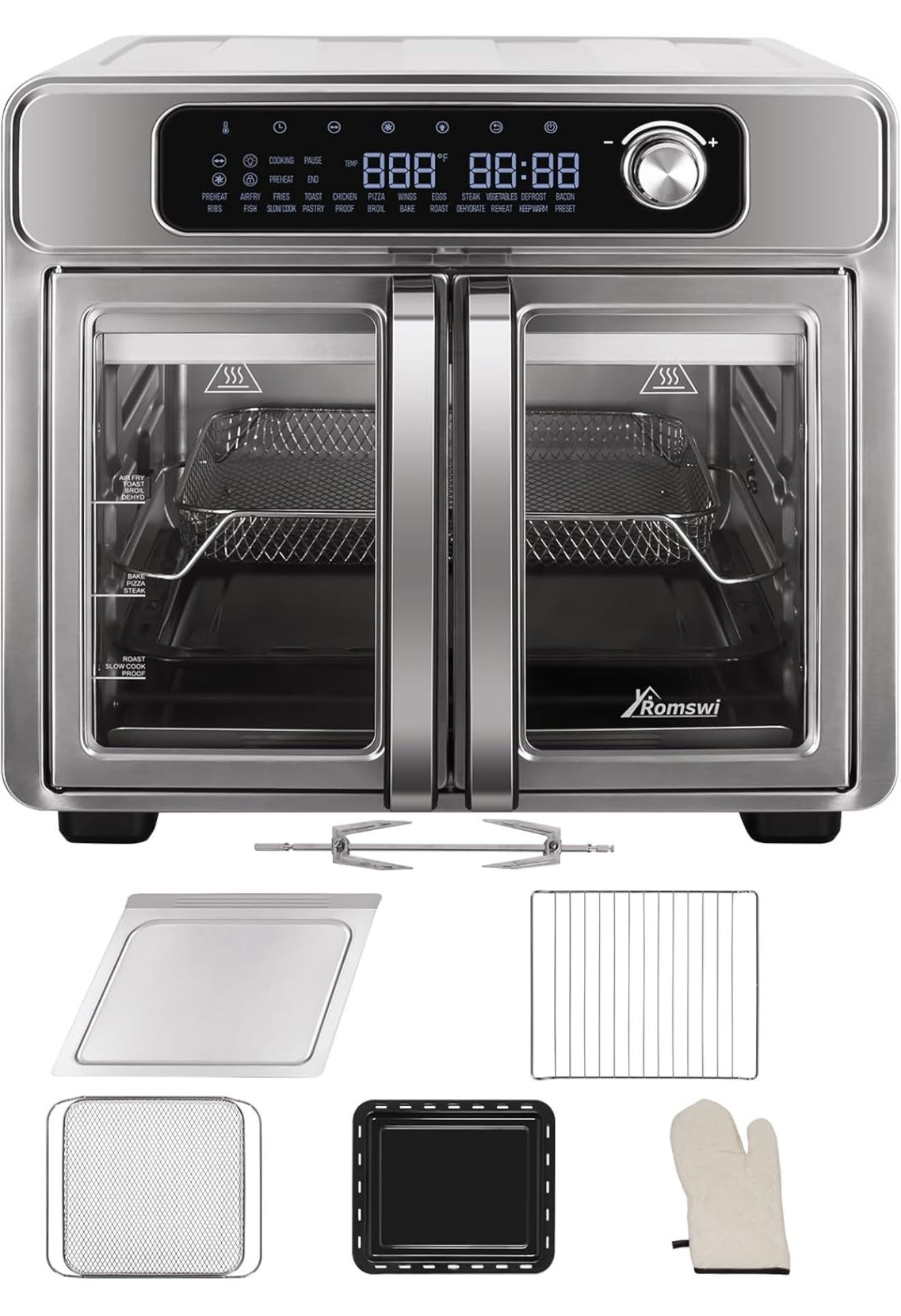 Extra Large French Door Air Fryer Toaster Oven Combo, 24 Cooking Functions and Digital Controls, 6 Accessories Included, Stainless Steel Finish, 26QT 