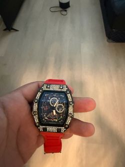 Skeleton Dial Watch with Red Rubber Strap & Stone Bezel