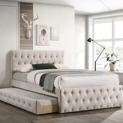 Full Twin Beige Frenchi Frenchi Trundle Bed With Ortho Mattress Included 