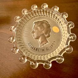 Queen Elizabeth II 1953 Glass Dish / Ash Tray 4in Coronation Souvenir 
