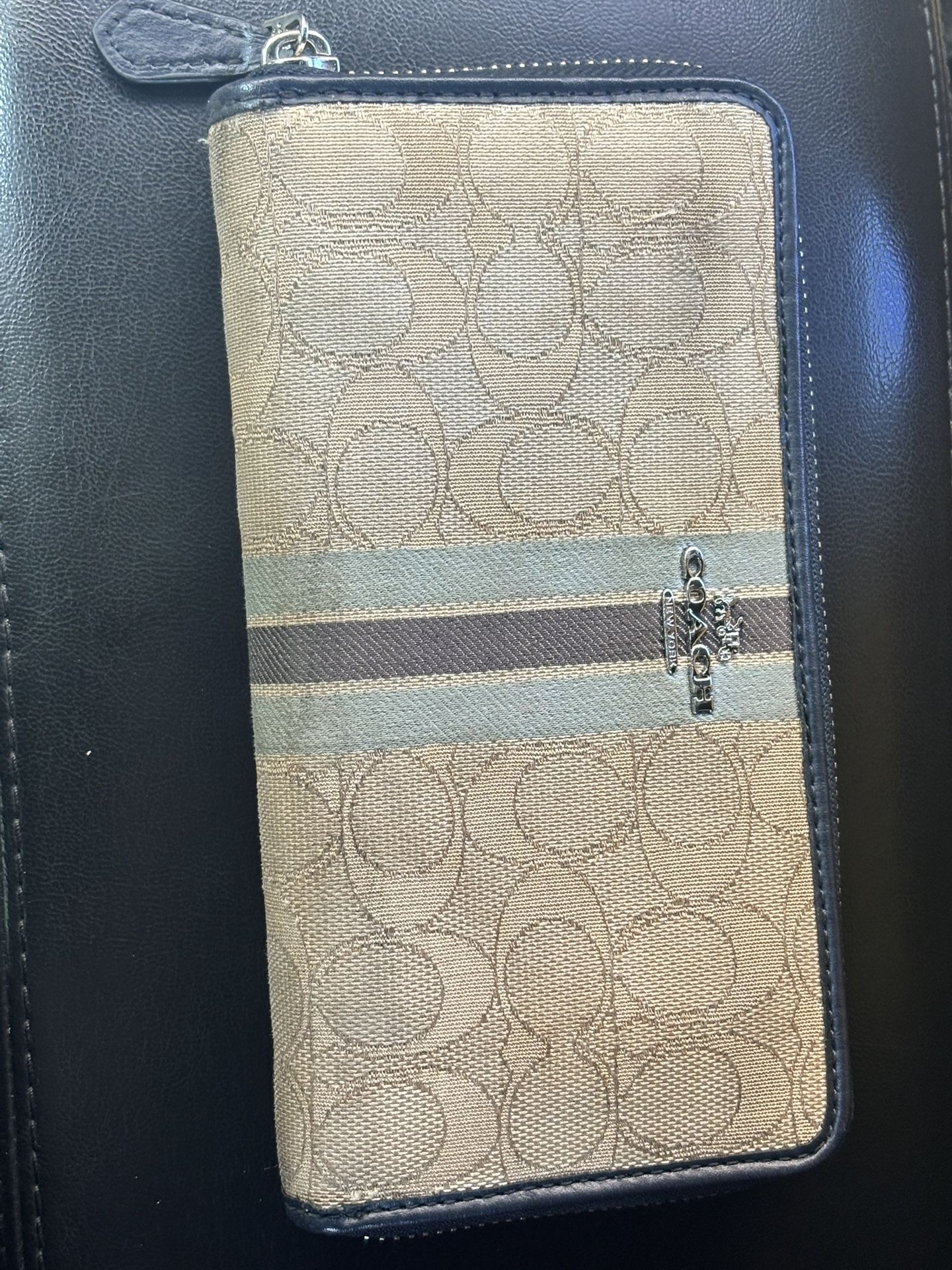 COACH beige & blue striped canvas wallet