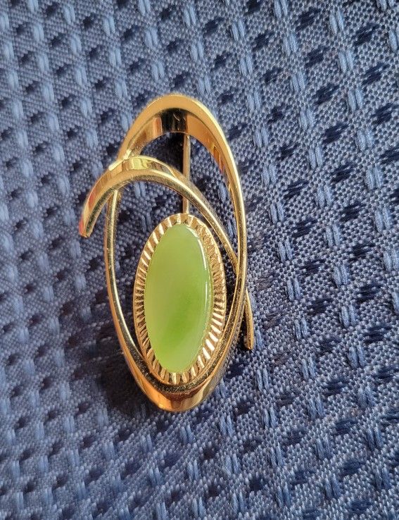 Gold And Jade Color Stone Brooch Pin