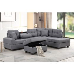 DARK GRAY Fabric Reversible Sectional Sofa & Ottoman w/ Throw Pillows