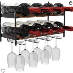 Wall Mounted Wood Wine Rack - Holds 8 Wine Bottles and 8 Stemware Glass Holder - Store Red, White, Champagne - Home Bar, Dining Room, Kitchen Décor 
