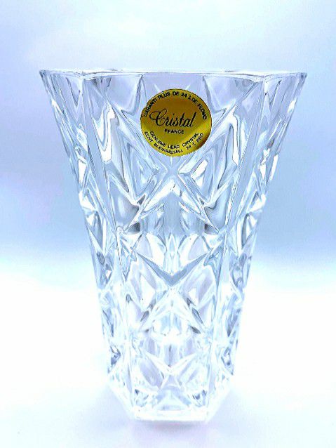 Cristal d'Arques France. Hexagonal Cuts Crystal Vase, 13' - 6 1/2" Genuine 24% Lead Crystal French Made