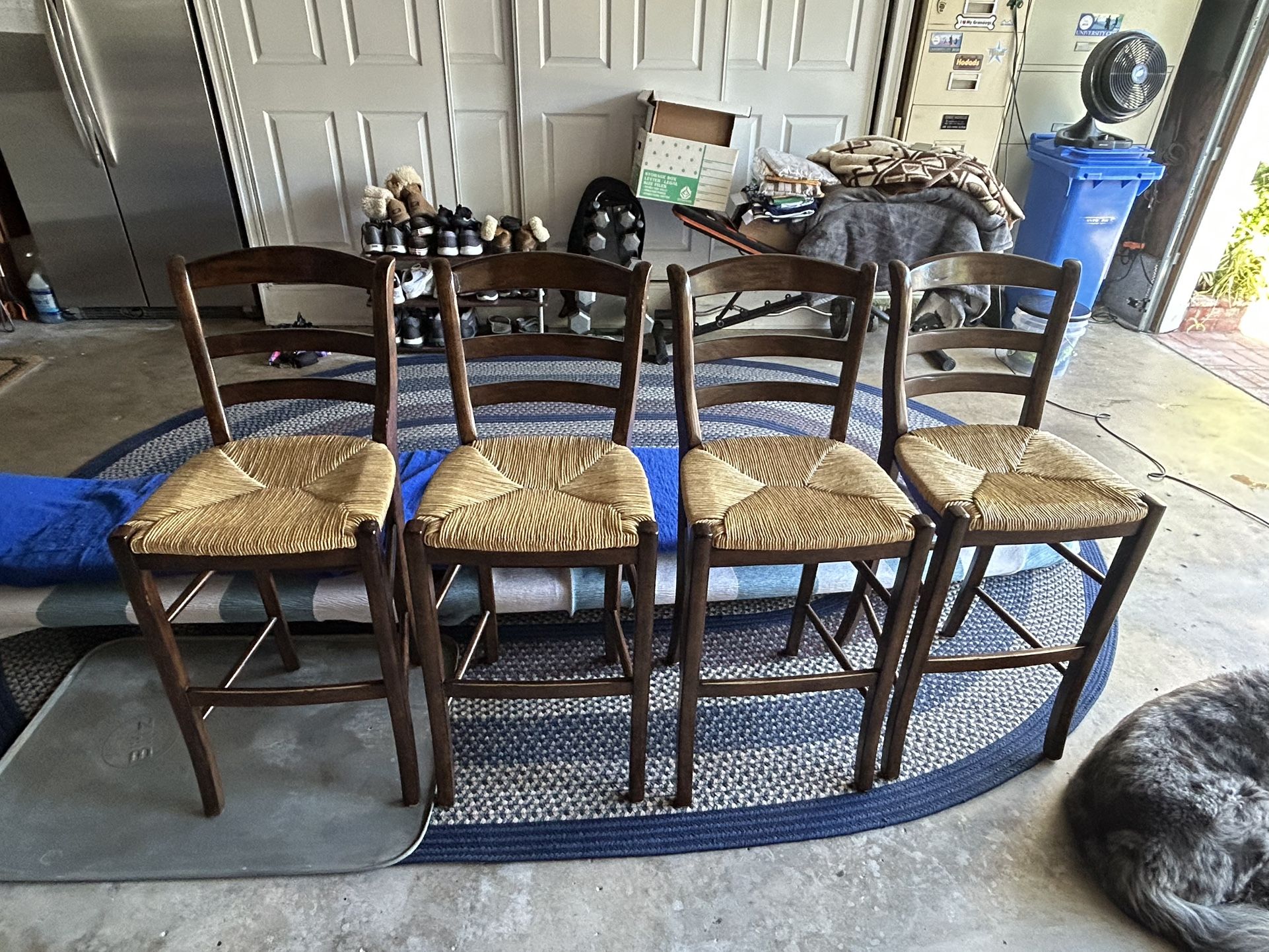 Four (4) Barstool Counter Stool Chairs Wooden Woven Rattan Seat