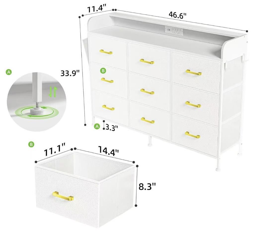 🥨White Dresser for Bedroom, Dresser with LED Lights and Charging Station, Long 9 Drawers Dresser, Wide Fabric Chest of Drawers Storage Organizer TV