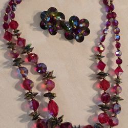 VTG. Vendome 2 Strand Red & Blue Aurora Borealis Crystal Beads Necklace And Clip On Earrings  Set Very Rare!