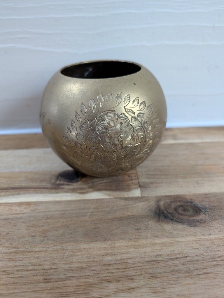 Vintage Etched Brass Round Vase