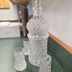 Crystal Genie Decanter Bottle And 3 Glasses