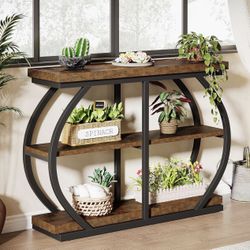 Modern Rustic Console Table, Industrial 3-Tier Entryway Table with Arched Metal Frame and Storage Shelves for Living Room