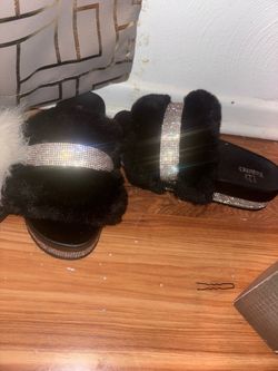 Black Faux Fur Rhinestone Slide Sandals