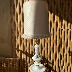 Vintage White Milk Glass Hobnail Lamp Floral Soft Pink Tulle Ribbon Shade Dots Coquette Shabby Chic 
