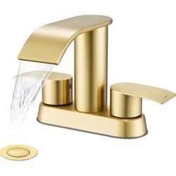 Ultimate Unicorn Waterfall Bathroom Sink Faucet Brushed Gold, Two Handles Bathroom Faucet with Metal Pop up Sink Drain Stopper, 2 or 3 Holes Bathroom 