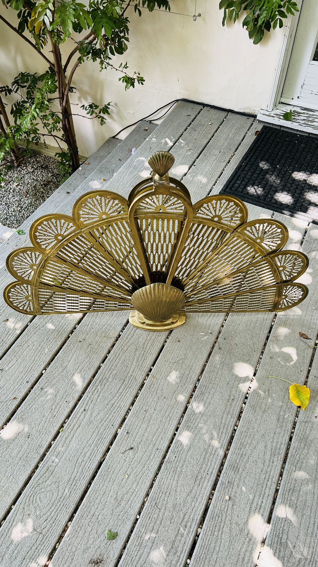 Vintage Brass Peacock Style Folding Fireplace Screen Shell Fan