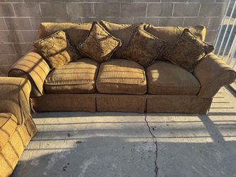 Gold Fabric 3-Seat Sofa with Throw Pillows