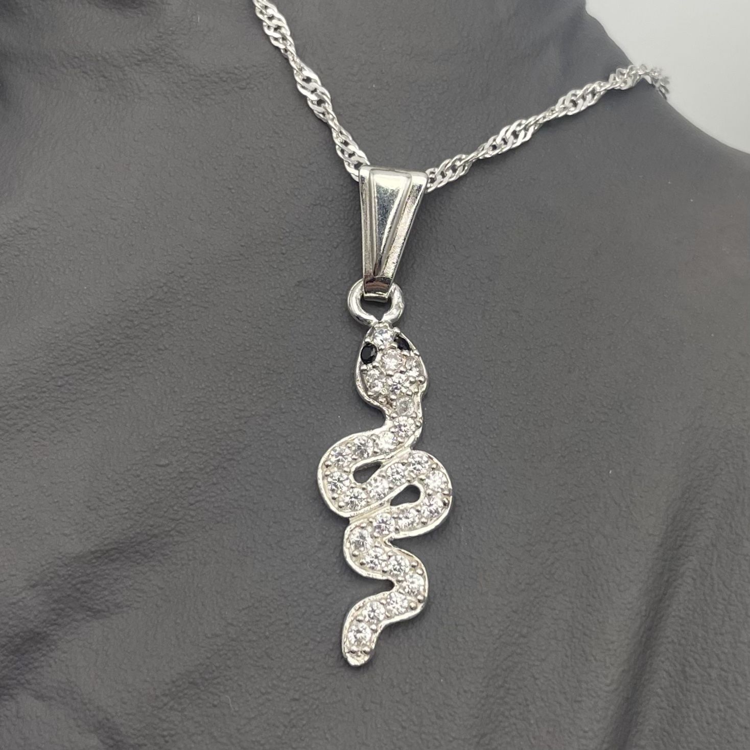 Solid 925 Sterling Silver CZ Black-Eye Snake Pendant + 2mm Singapore Chain (17”)