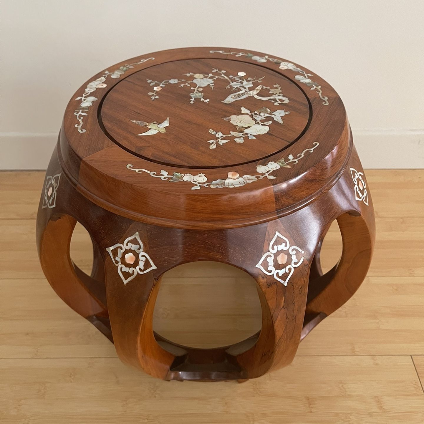 Wooden Stool Inlaid With Mother Of Pearl Design 