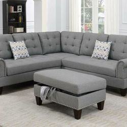 Brand New Gray Sectional Sofa With Storage Ottoman 