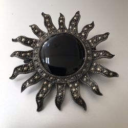 925 Sterling  Silver  Onyx Marcasite  Sunflower  Brooch  Pin Vintage 