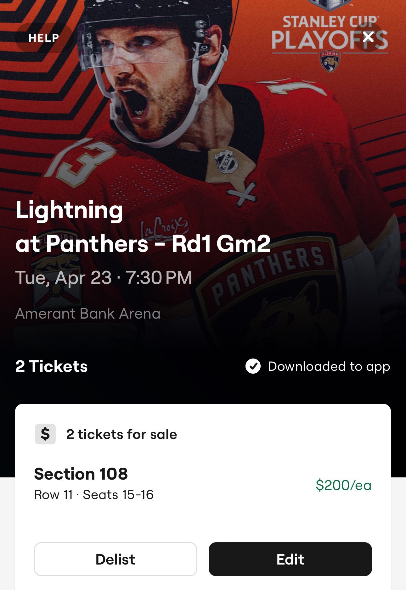 Game 2 Panthers vs Tampa Row 11!!! Behind Net $175