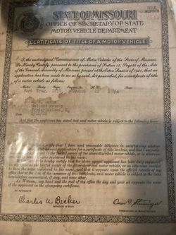 Historical Document 1917 Ford Trng Car Title 