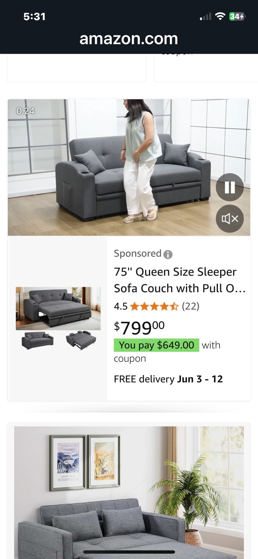 Loveseat Sofa Sleeper With USB cup Holders