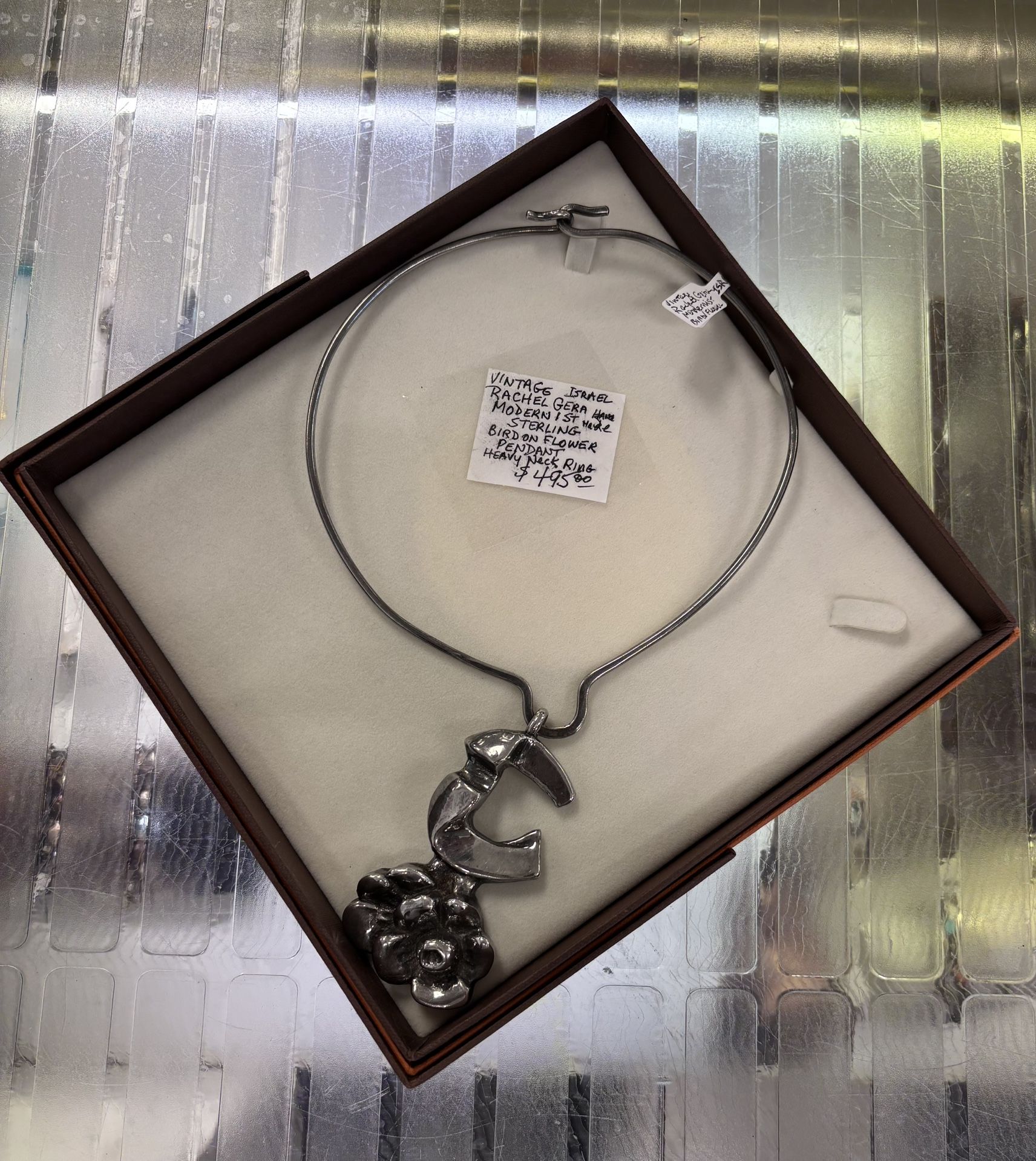 Vintage Handmade Israel Rachel Gera Sterling Bird & Flower Pendant Heavy Neck Ring Necklace 