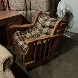 Chair - Vintage Chunky Wood Rocking Chair With Cushion to Use Outdoors, Porch, Indoors, Etc.